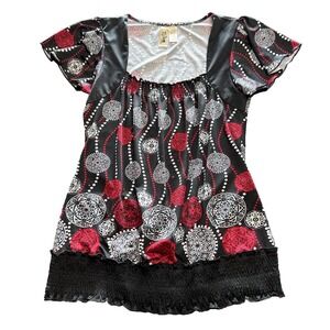 Vintage Y2K Babydoll Top Size M Swirl Red Black Abstract Artsy Empire Waist